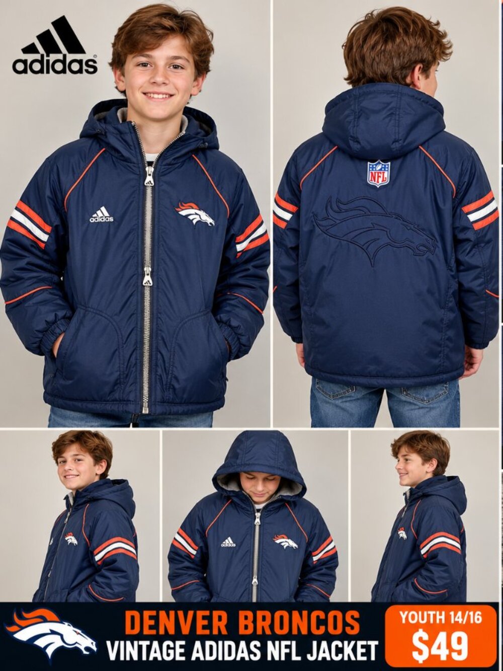 Vintage Adidas Denver Broncos NFL Hooded Jacket Youth 14/16